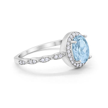 Oval Engagement Ring Halo Bridal Simulated Aquamarine CZ 925 Sterling Silver